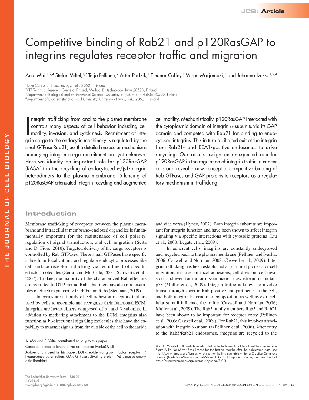 Competitive Binding of Rab21 and P120rasgap to Integrins Regulates Receptor Traffic and Migration