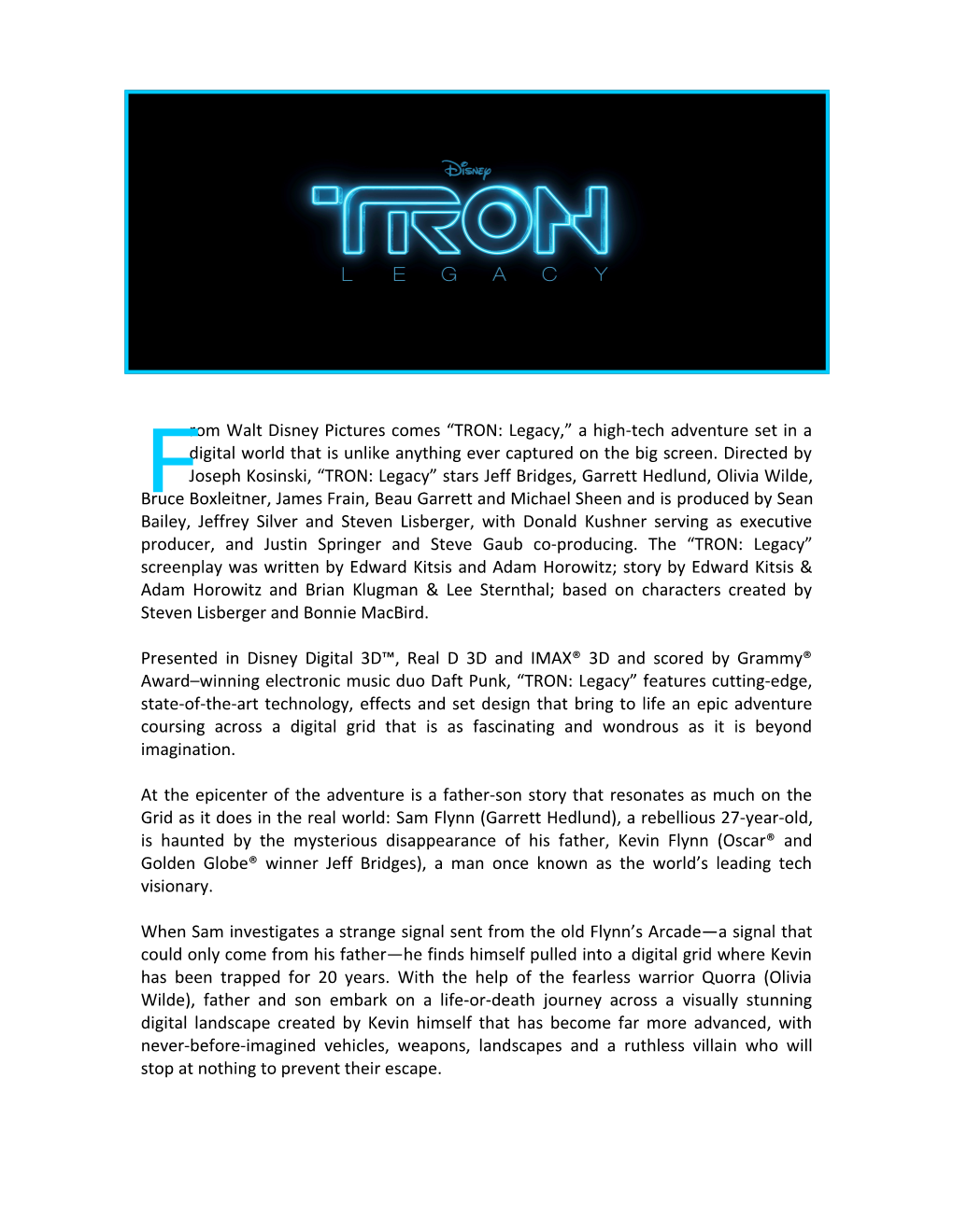 Rom Walt Disney Pictures Comes TRON: Legacy, a High-Tech Adventure Set in a Digital World