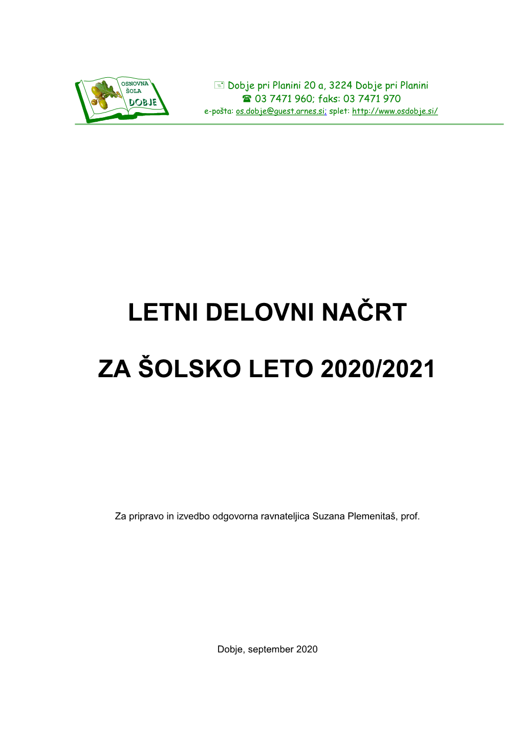 Letni Delovni Načrt Za Šolsko Leto 2020/2021