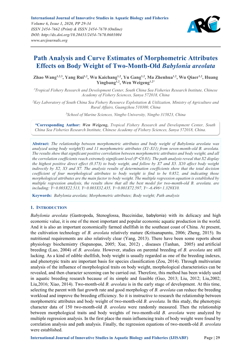 Path Analysis and Curve Estimates of Morphometric Attributes Effects on Body Weight of Two-Month-Old Babylonia Areolata