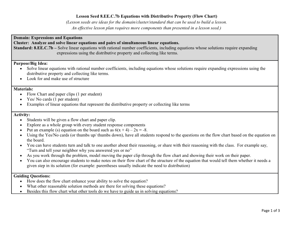 Lesson Seed 8.EE.C.7B Equations with Distributive Property (Flow Chart)