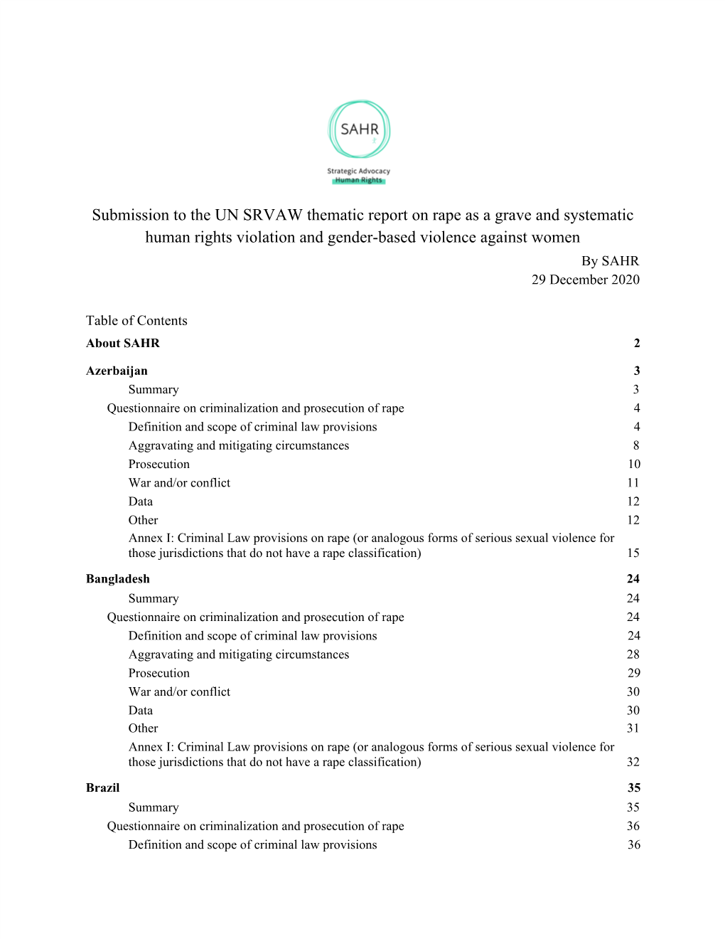 Submission to the UN SRVAW Thematic Report on Rape As a Grave and Systematic Human Rights Violation and Gender-Based Violence Against Women by SAHR 29 December 2020