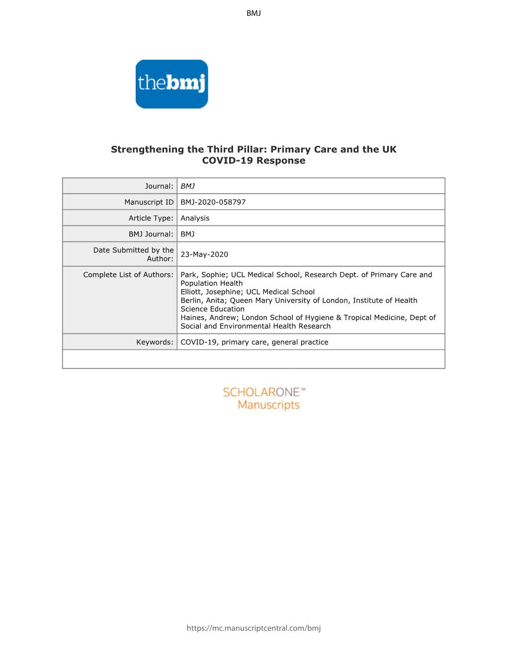 Confidential: for Review Only Strengthening the Third Pillar: Primary Care and the UK COVID-19 Response