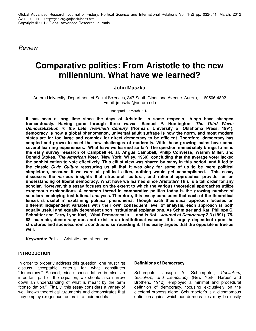 Comparative Politics: from Aristotle to the New Millennium