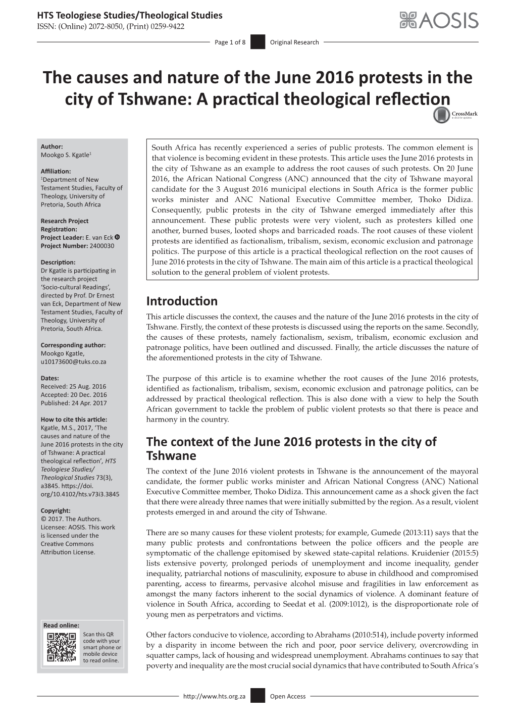 The Causes and Nature of the June 2016 Protests in the City of Tshwane: a Practical Theological Reflection