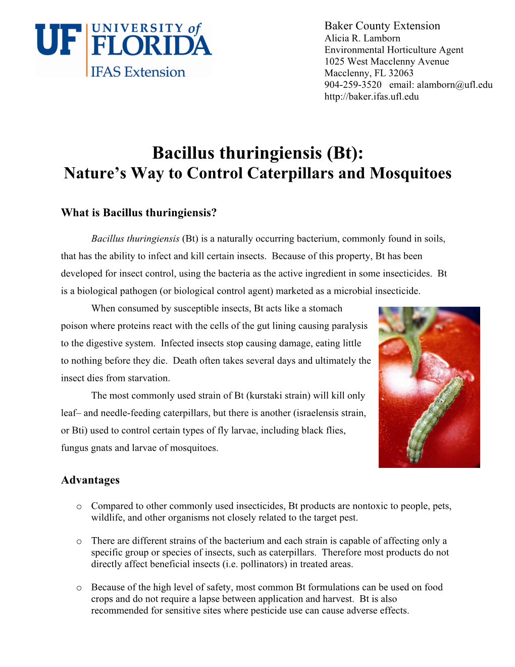 Bt): Nature’S Way to Control Caterpillars and Mosquitoes