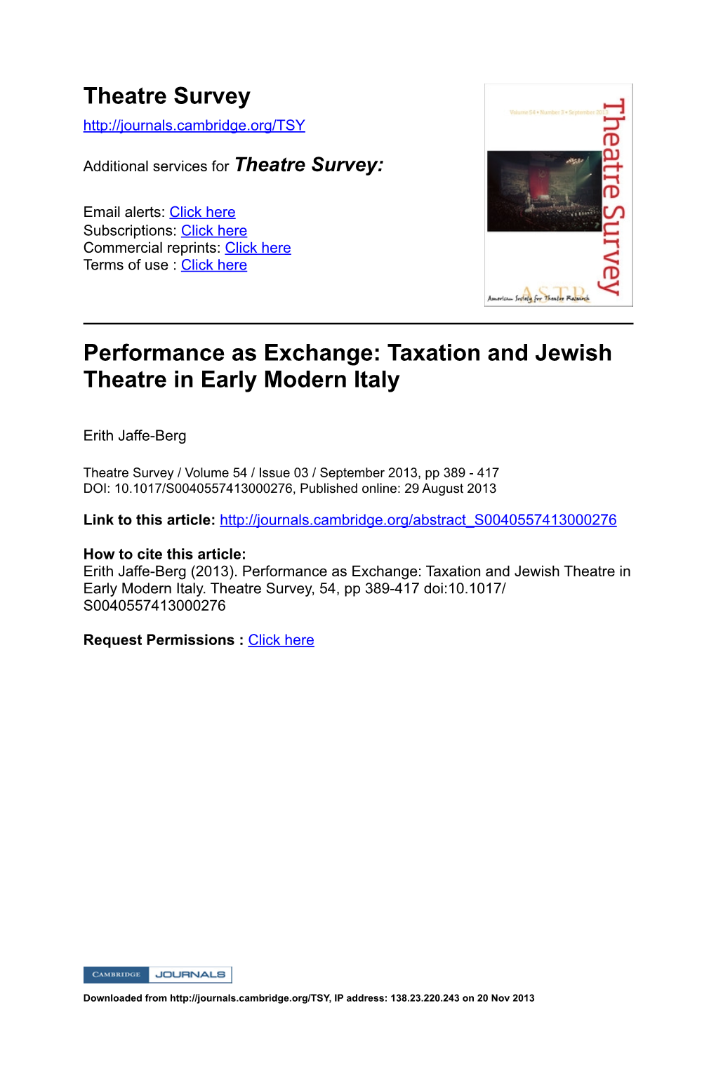 Taxation and Jewish Theatre in Early Modern Italy