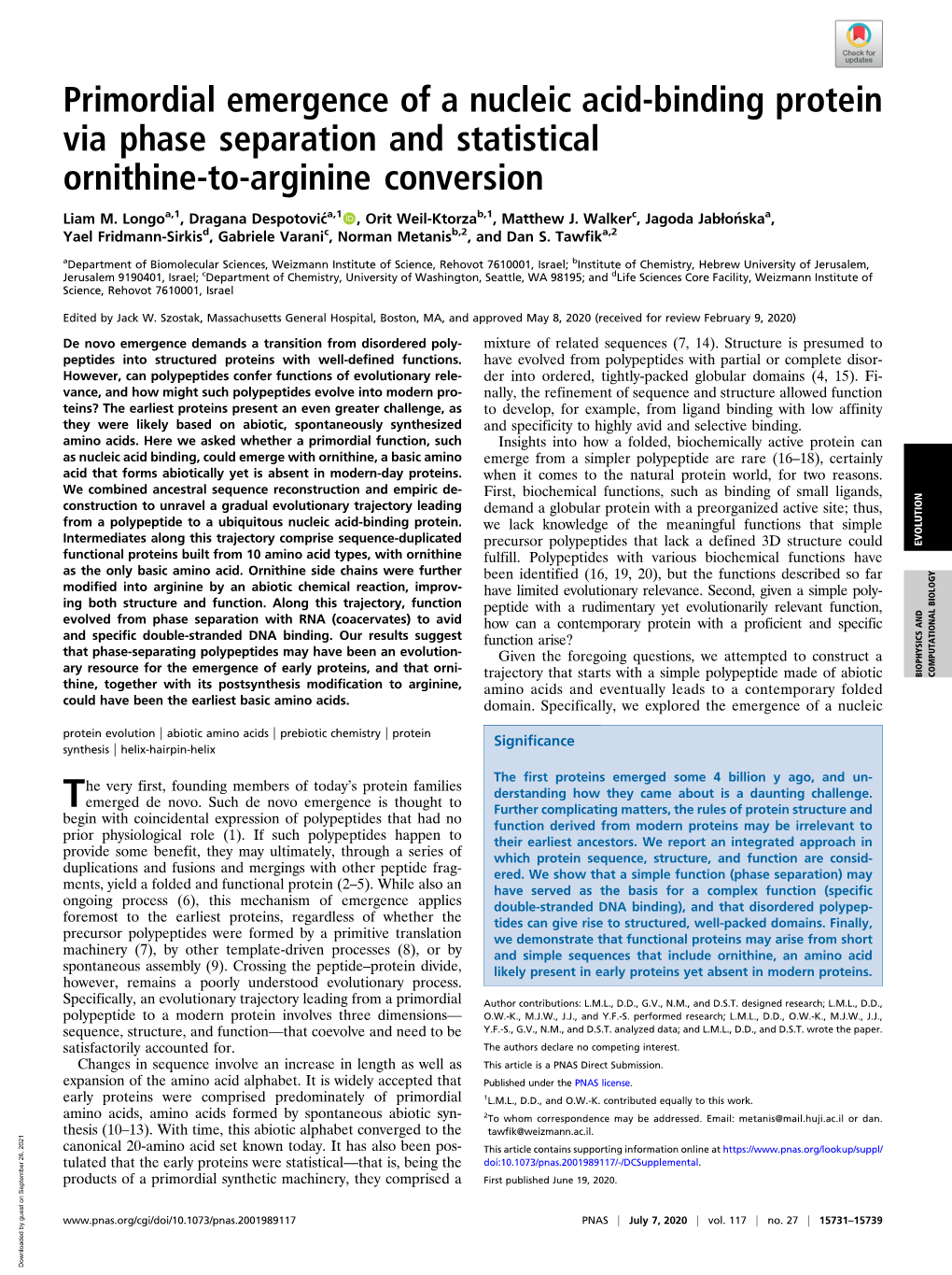 Primordial Emergence of a Nucleic Acid-Binding Protein Via Phase Separation and Statistical Ornithine-To-Arginine Conversion