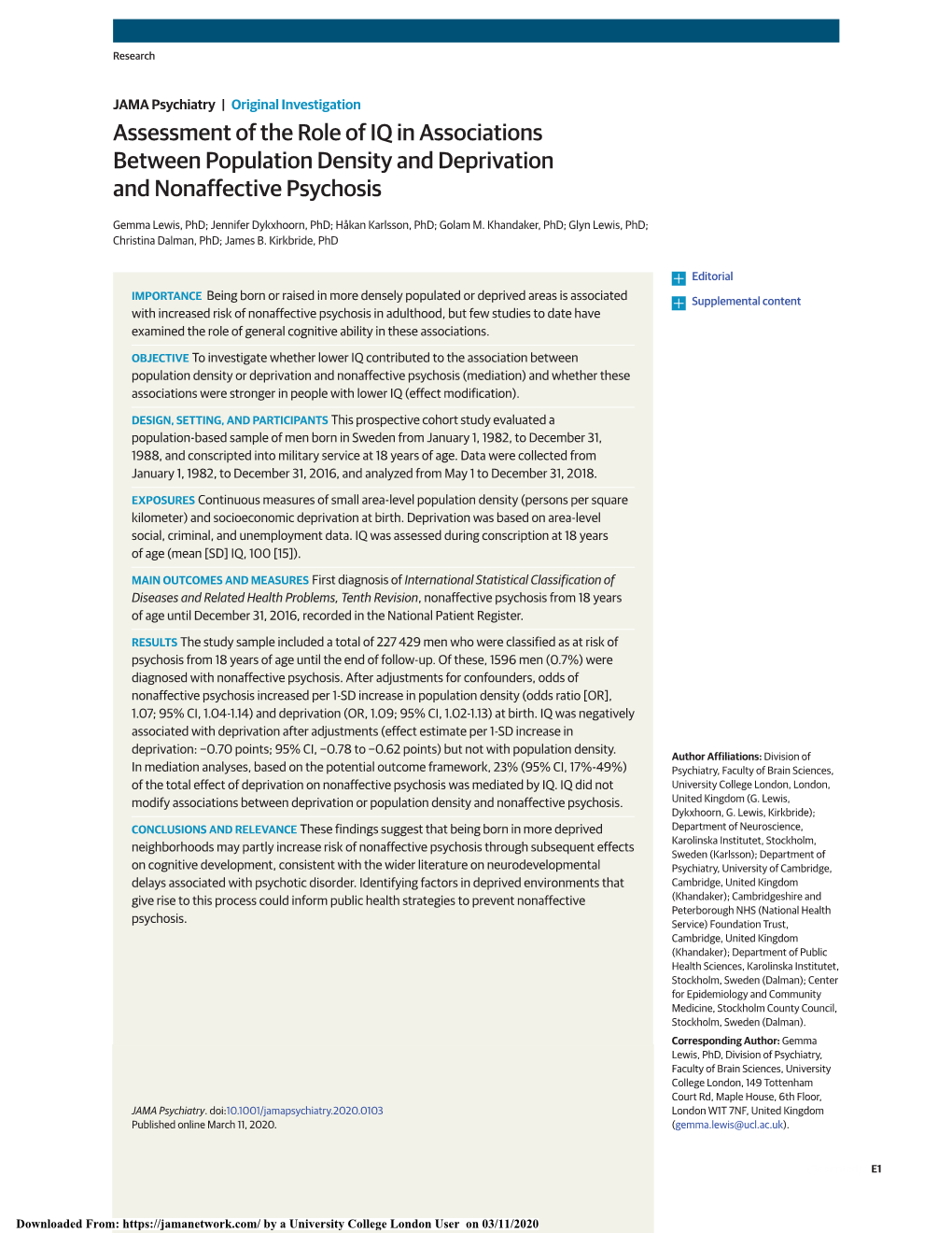 Assessment of the Role of IQ in Associations Between Population Density and Deprivation and Nonaffective Psychosis