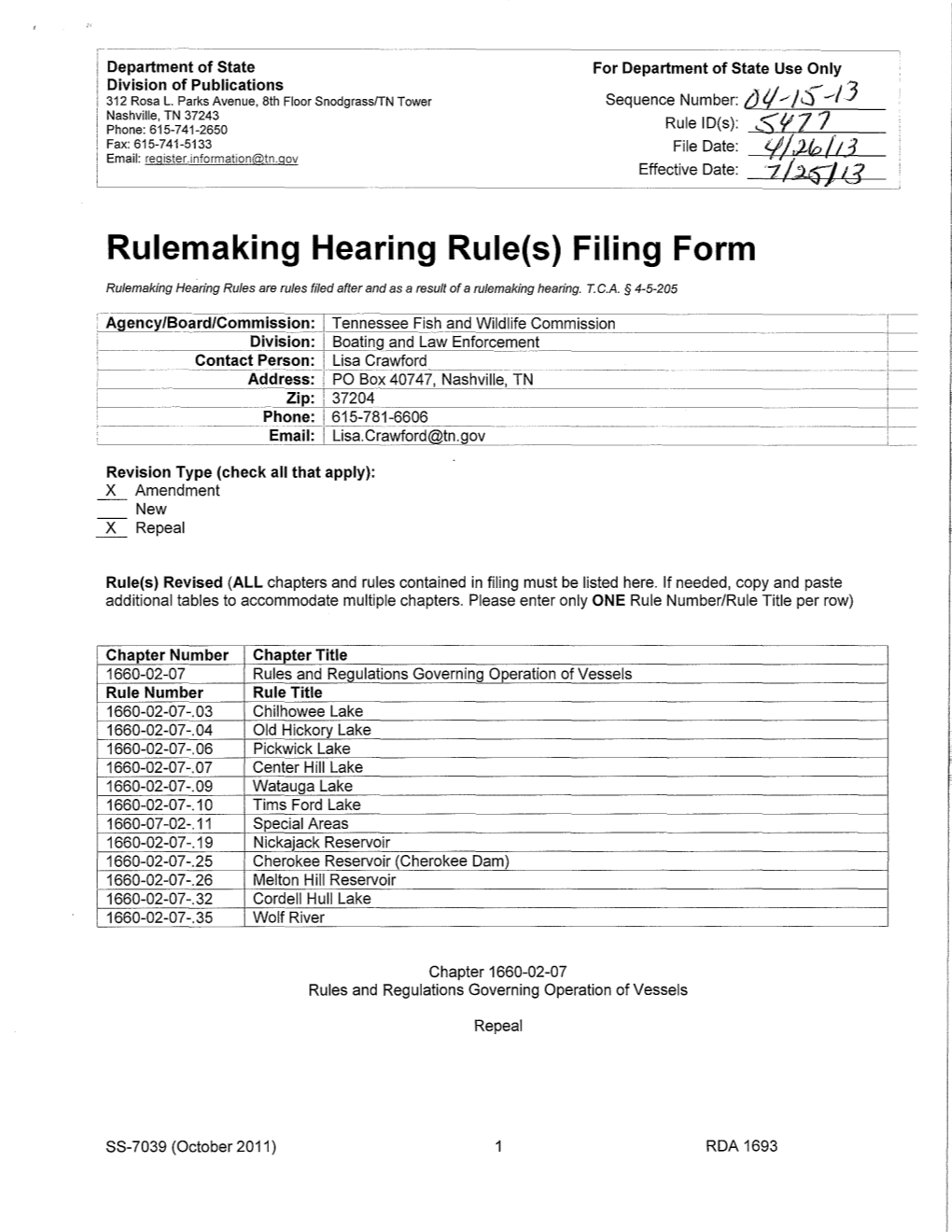 13 Rulemaking Hearing Rule(S) Filing Form