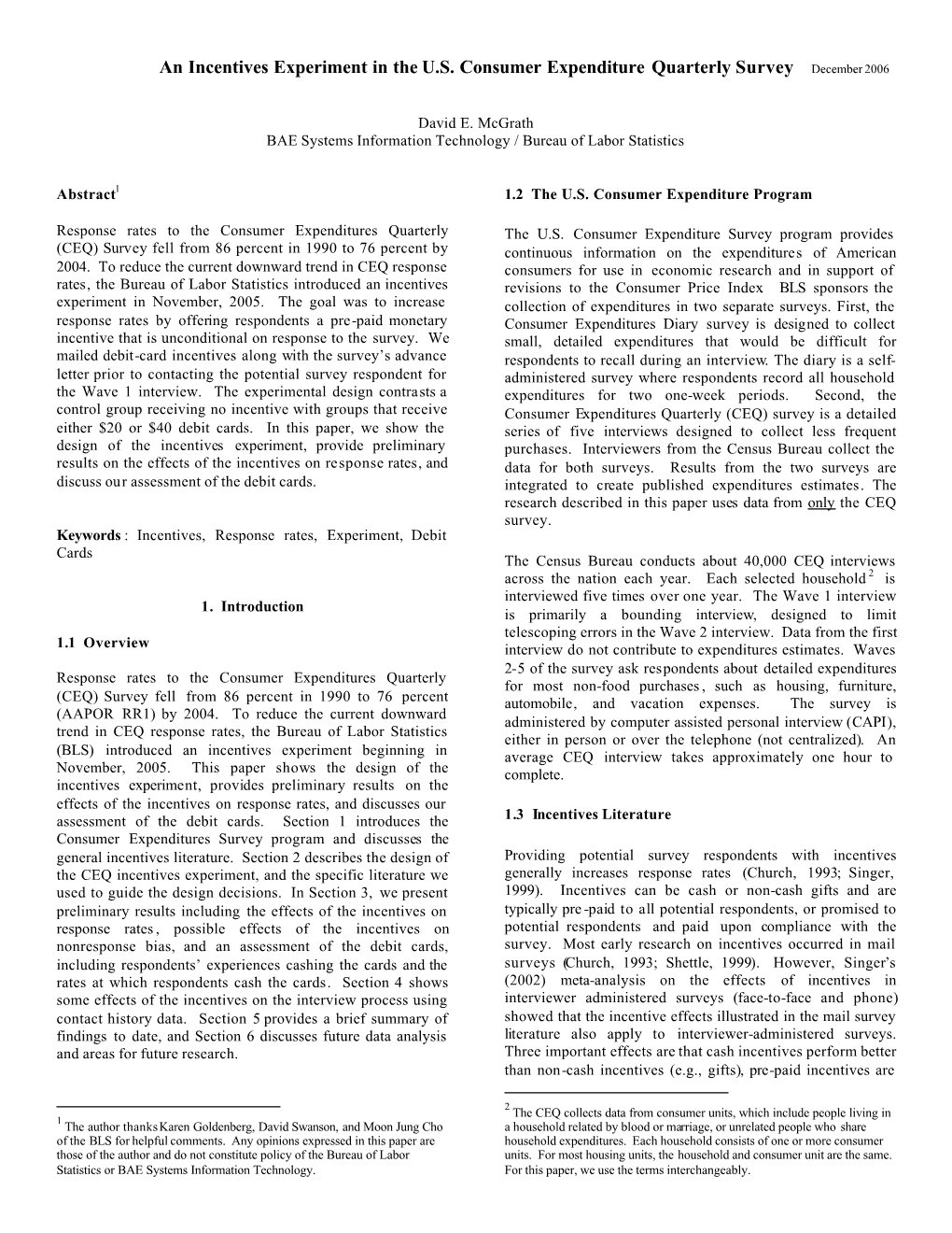 An Incentives Experiment in the U.S. Consumer Expenditure Quarterly Survey December 2006