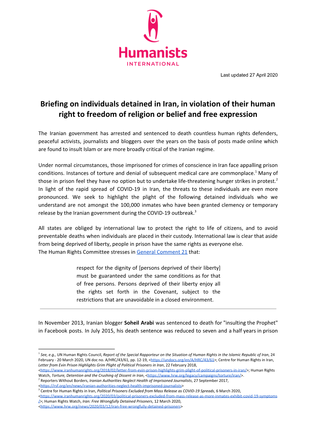 Briefing on Individuals Detained in Iran, in Violation of Their Human Right to Freedom of Religion Or Belief and Free Expression