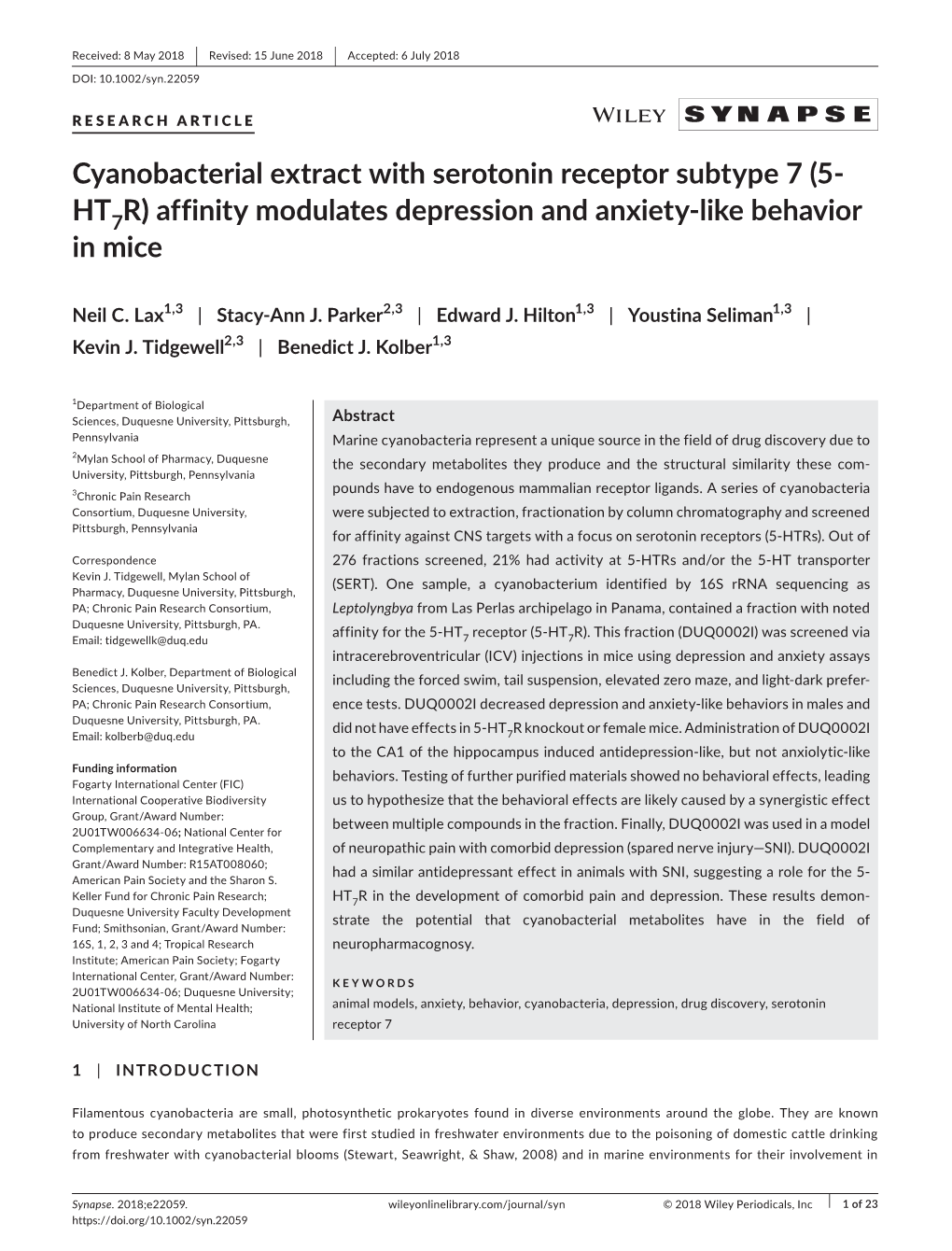 Cyanobacterial Extract with Serotonin Receptor Subtype 7 (5‐