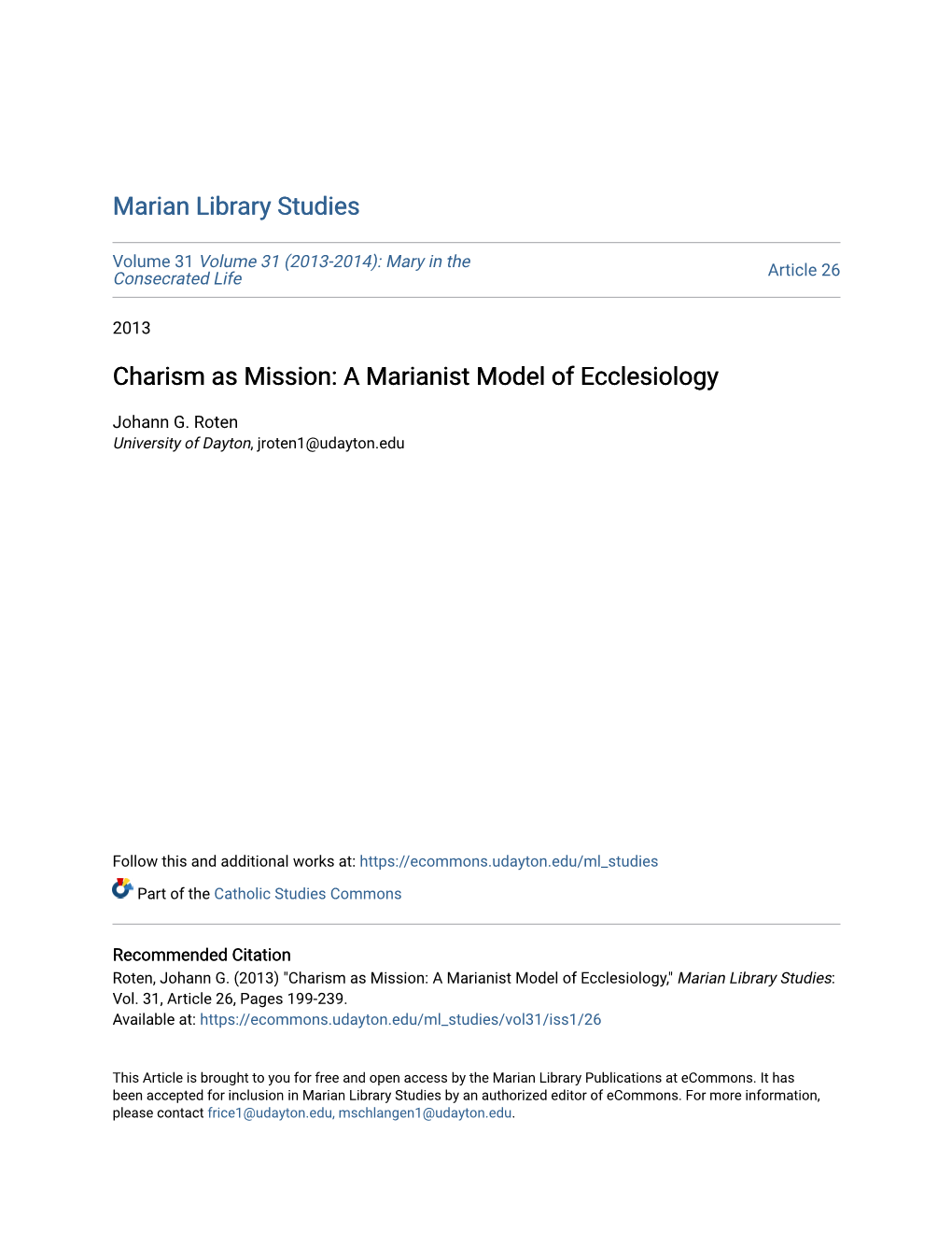 Charism As Mission: a Marianist Model of Ecclesiology