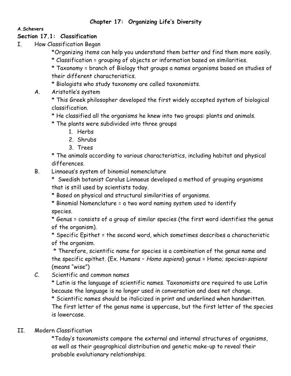 Chapter 17: Organizing Life’S Diversity