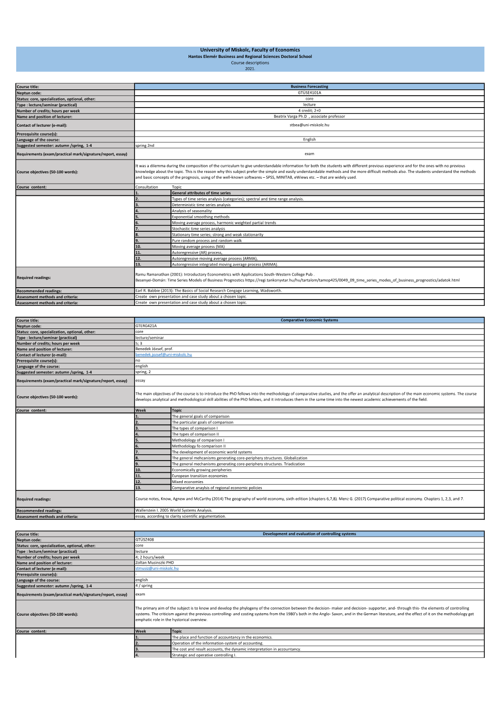 University of Miskolc, Faculty of Economics Hantos Elemér Business and Regional Sciences Doctoral School Course Descriptions 2021