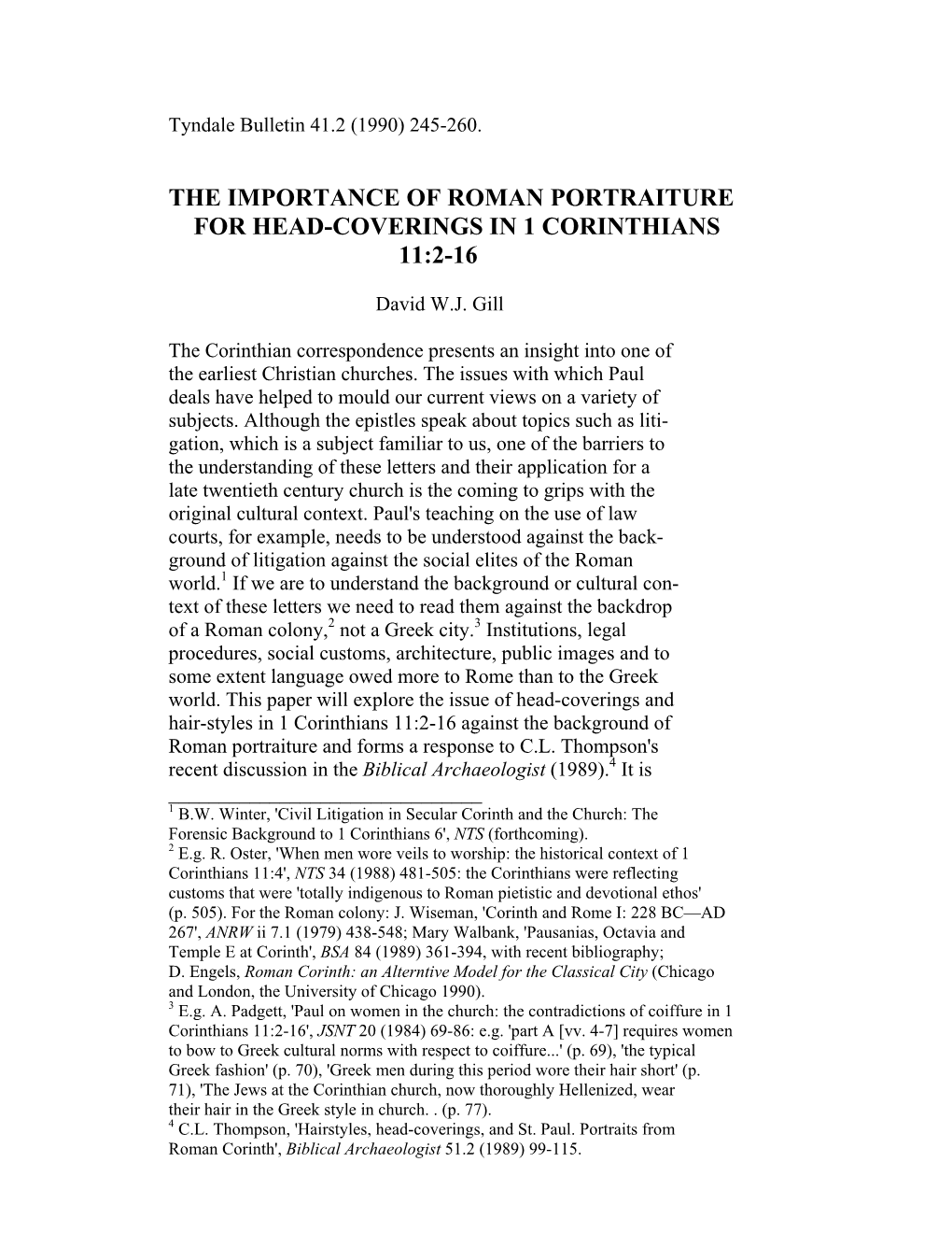 The Importance of Roman Portraiture for Head Coverings in 1 Corinthians 11:2-16