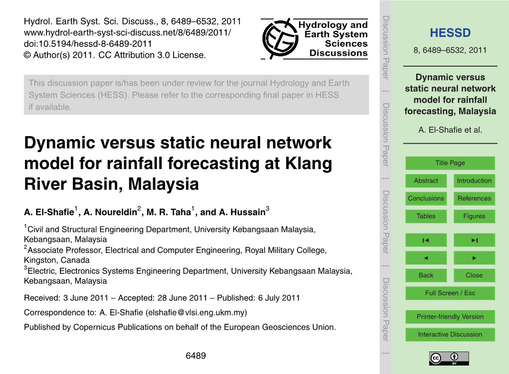 Dynamic Versus Static Neural Network Model for Rainfall Forecasting at Klang Title Page River Basin, Malaysia Abstract Introduction Conclusions References 1 2 1 3 A