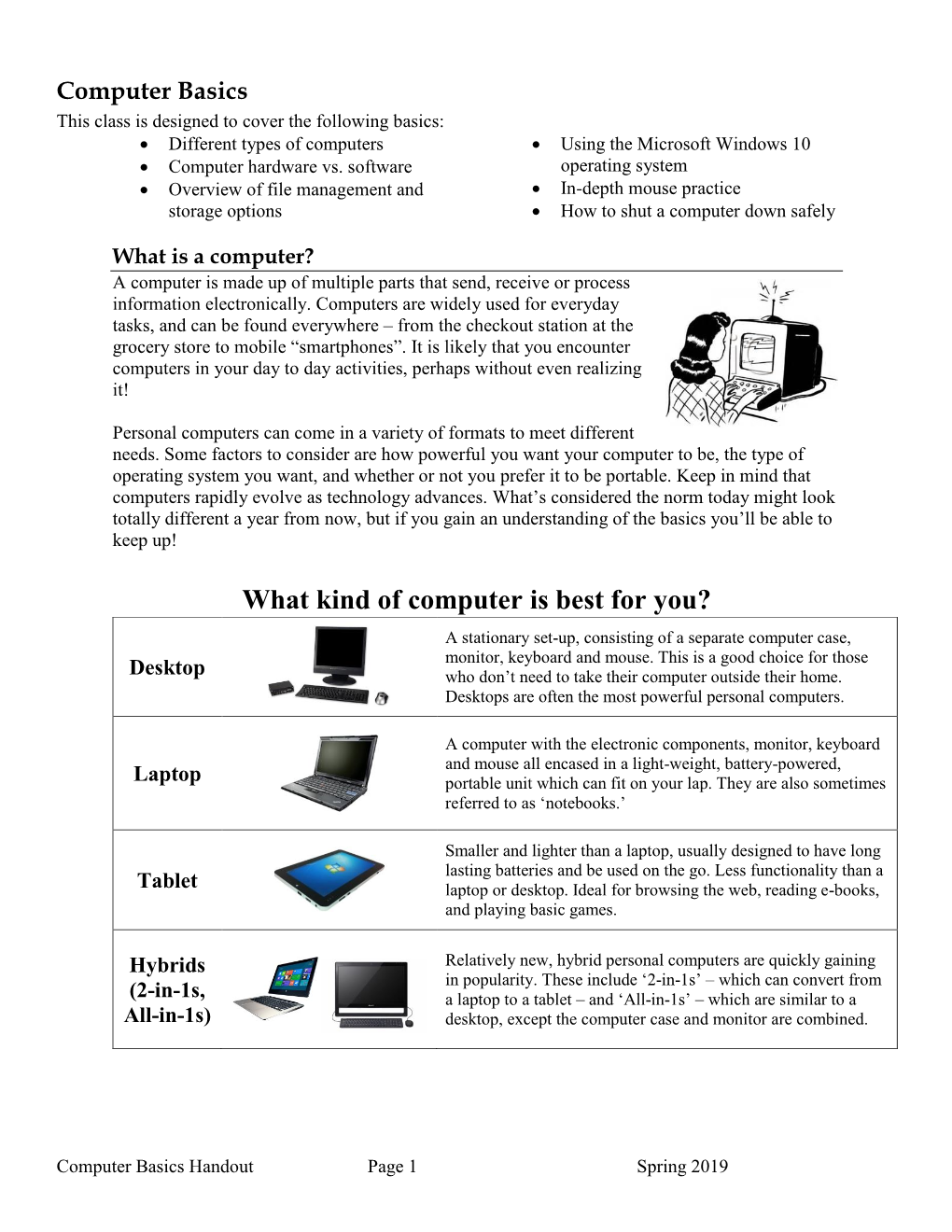 Computer Basics This Class Is Designed to Cover the Following Basics:  Different Types of Computers  Using the Microsoft Windows 10  Computer Hardware Vs