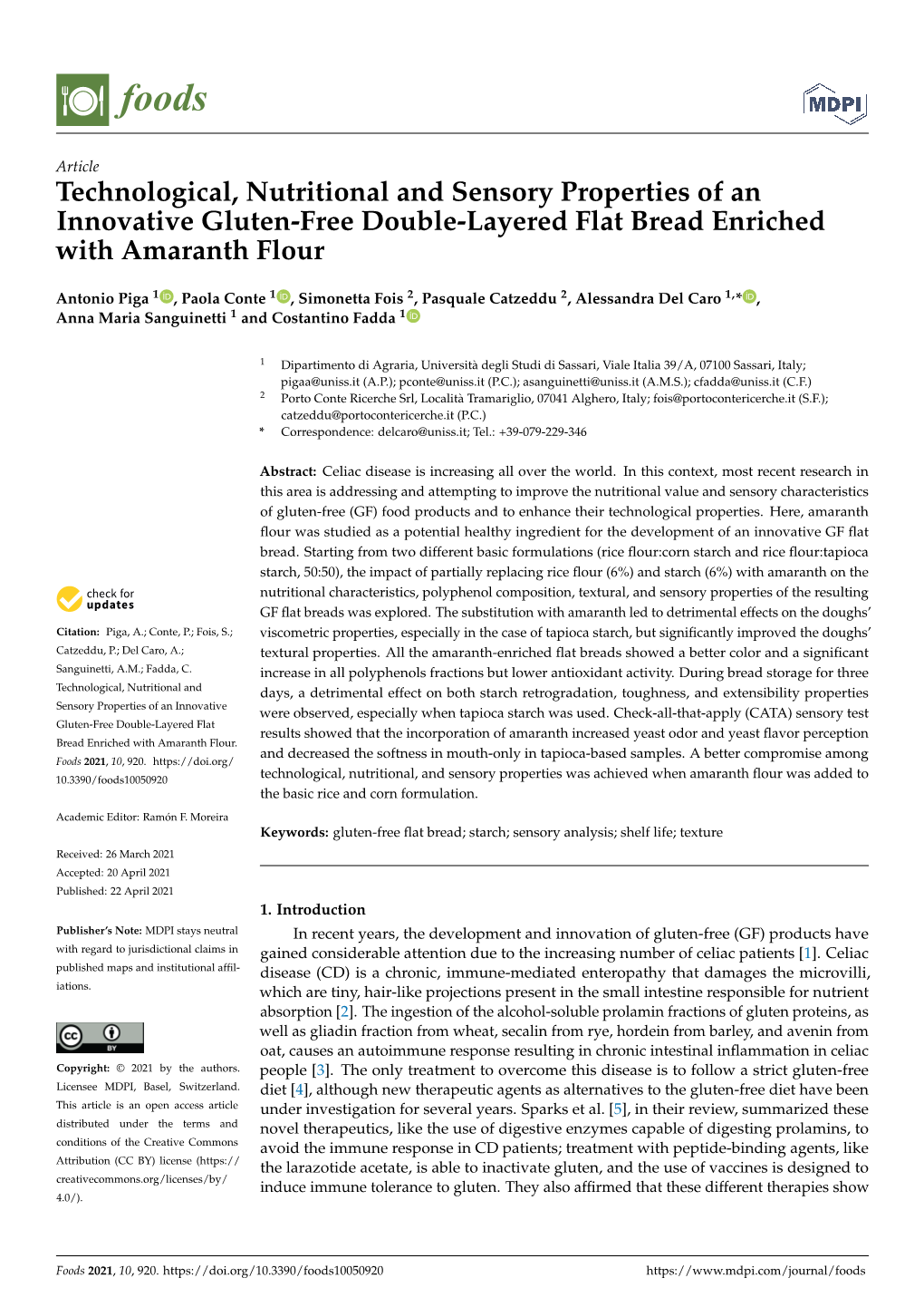 Technological, Nutritional and Sensory Properties of an Innovative Gluten-Free Double-Layered Flat Bread Enriched with Amaranth Flour