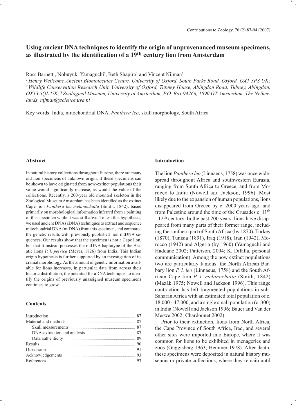 Using Ancient DNA Techniques to Identify the Origin of Unprovenanced Museum Specimens, As Illustrated by the Identi Cation of a 19Th Century Lion from Amsterdam