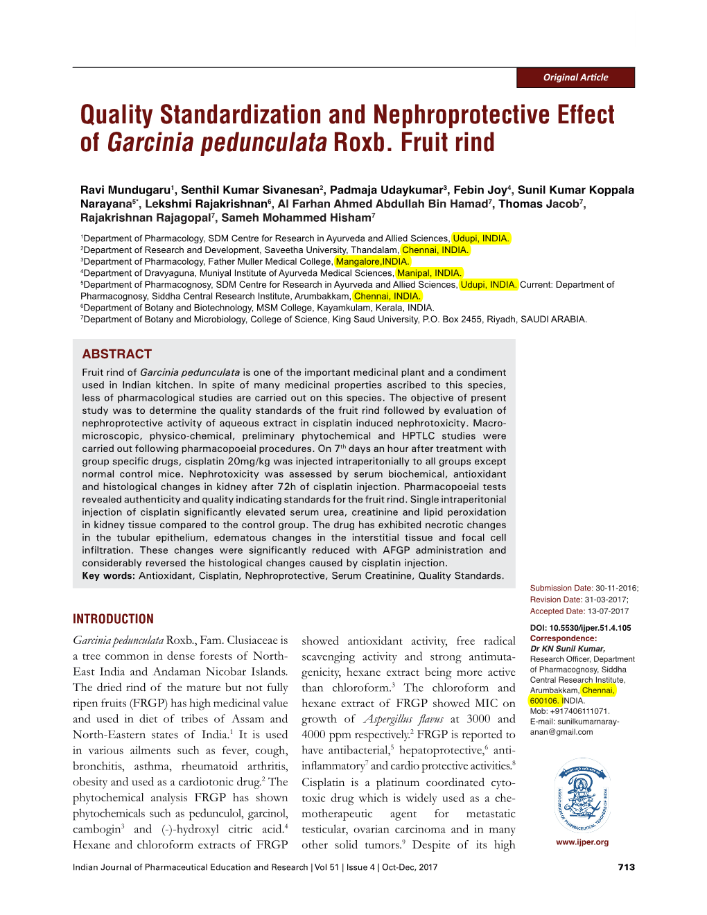 Quality Standardization and Nephroprotective Effect of Garcinia Pedunculata Roxb
