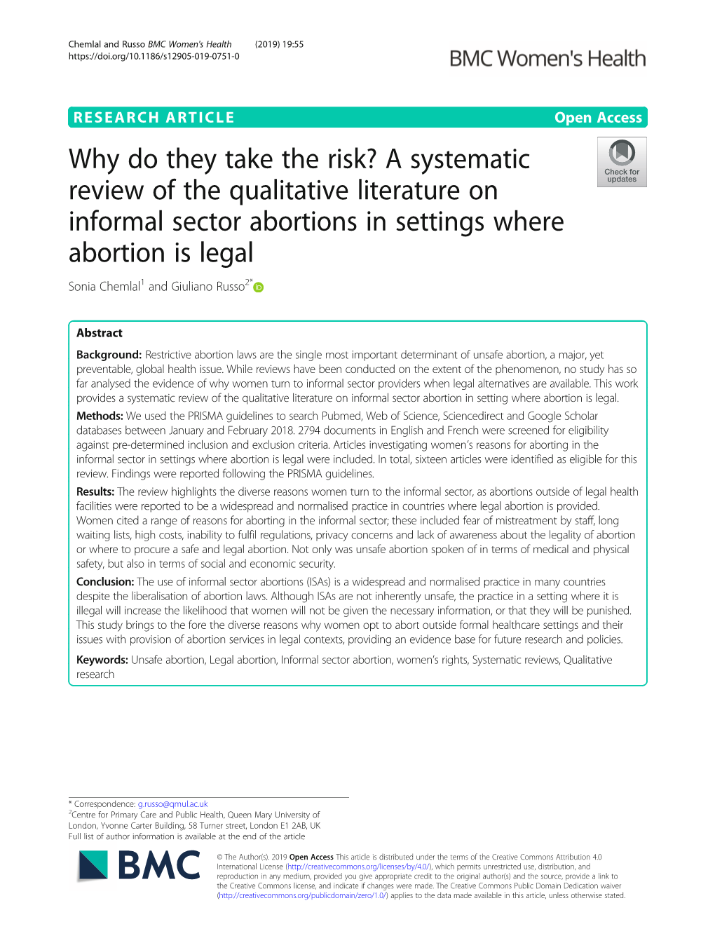 A Systematic Review of the Qualitative Literature on Informal Sector Abortions in Settings Where Abortion Is Legal Sonia Chemlal1 and Giuliano Russo2*