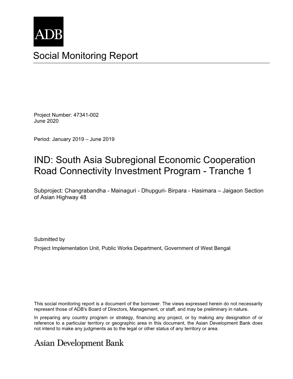 Social Monitoring Report IND: South Asia Subregional Economic Cooperation Road Connectivity Investment Program