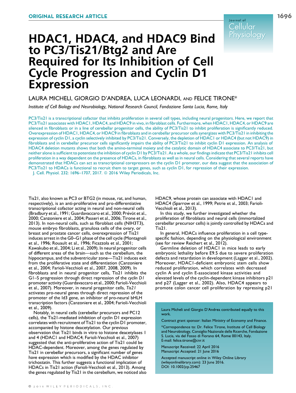 HDAC1, HDAC4, and HDAC9 Bind to PC3/Tis21/Btg2 and Are