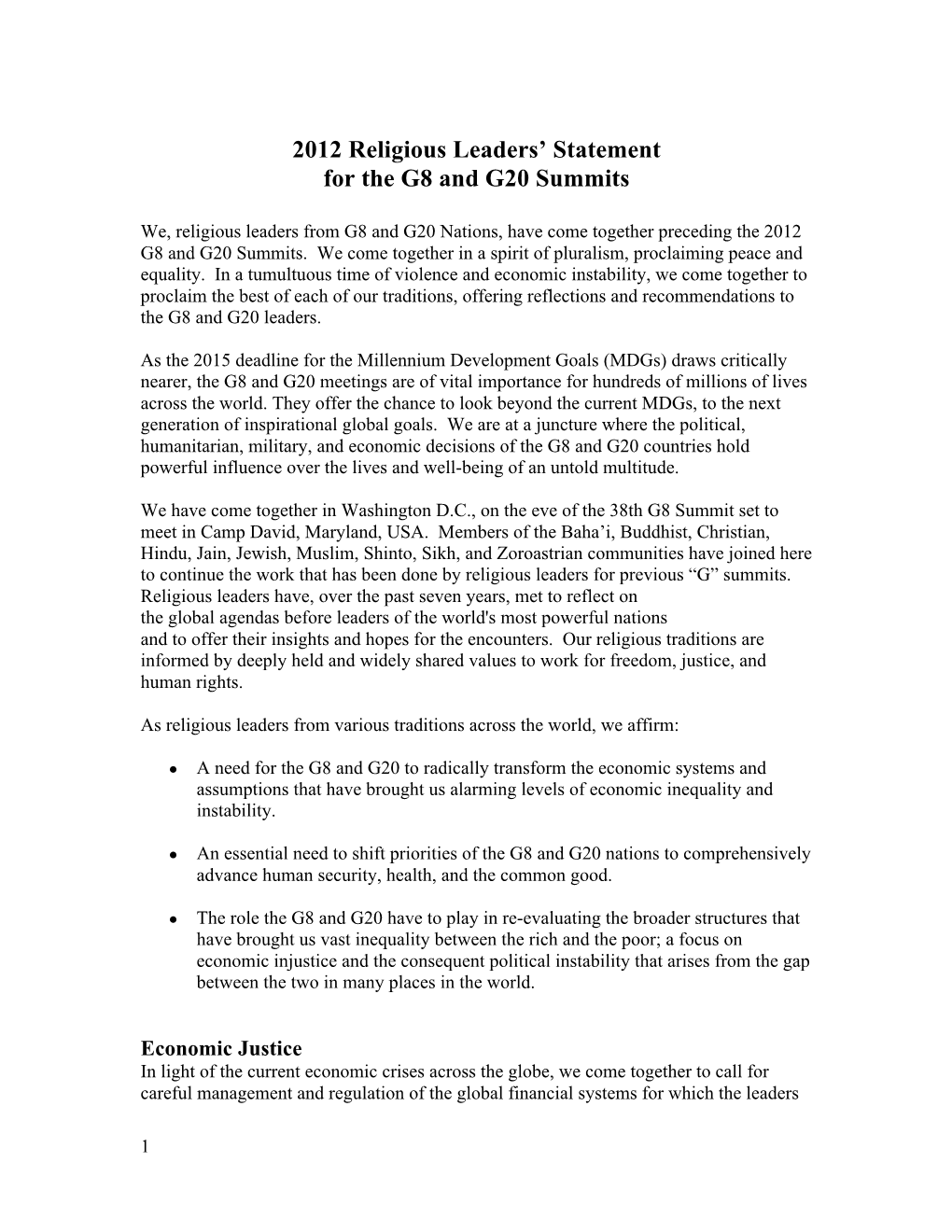 2012 Religious Leaders' Statement for the G8 and G20 Summits