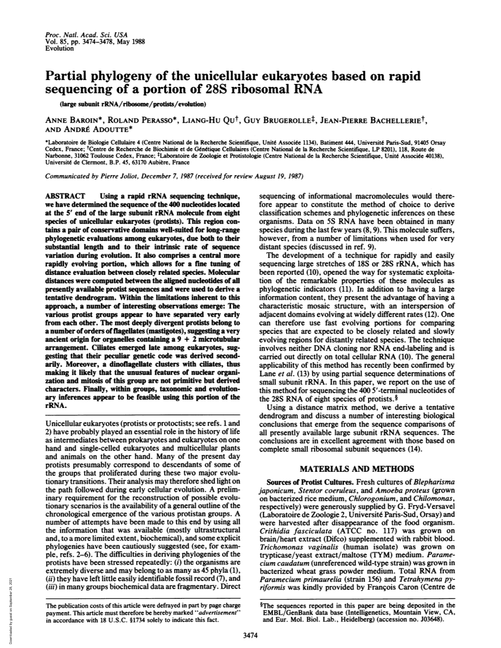 Partial Phylogeny of the Unicellular Eukaryotes Based on Rapid