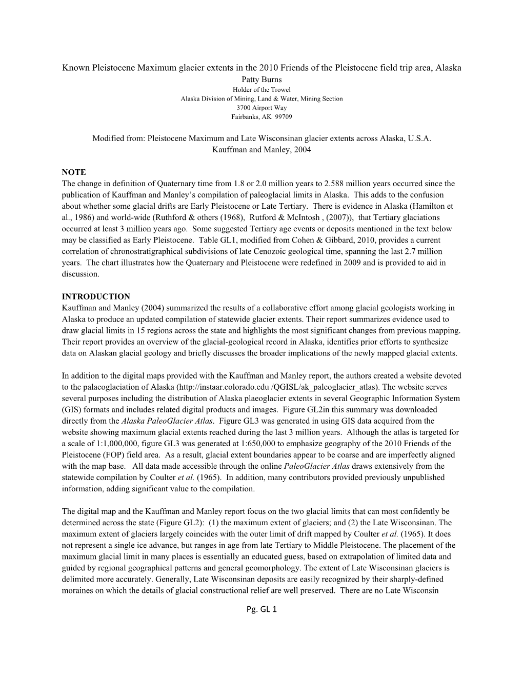 Pg. GL 1 Known Pleistocene Maximum Glacier Extents in The