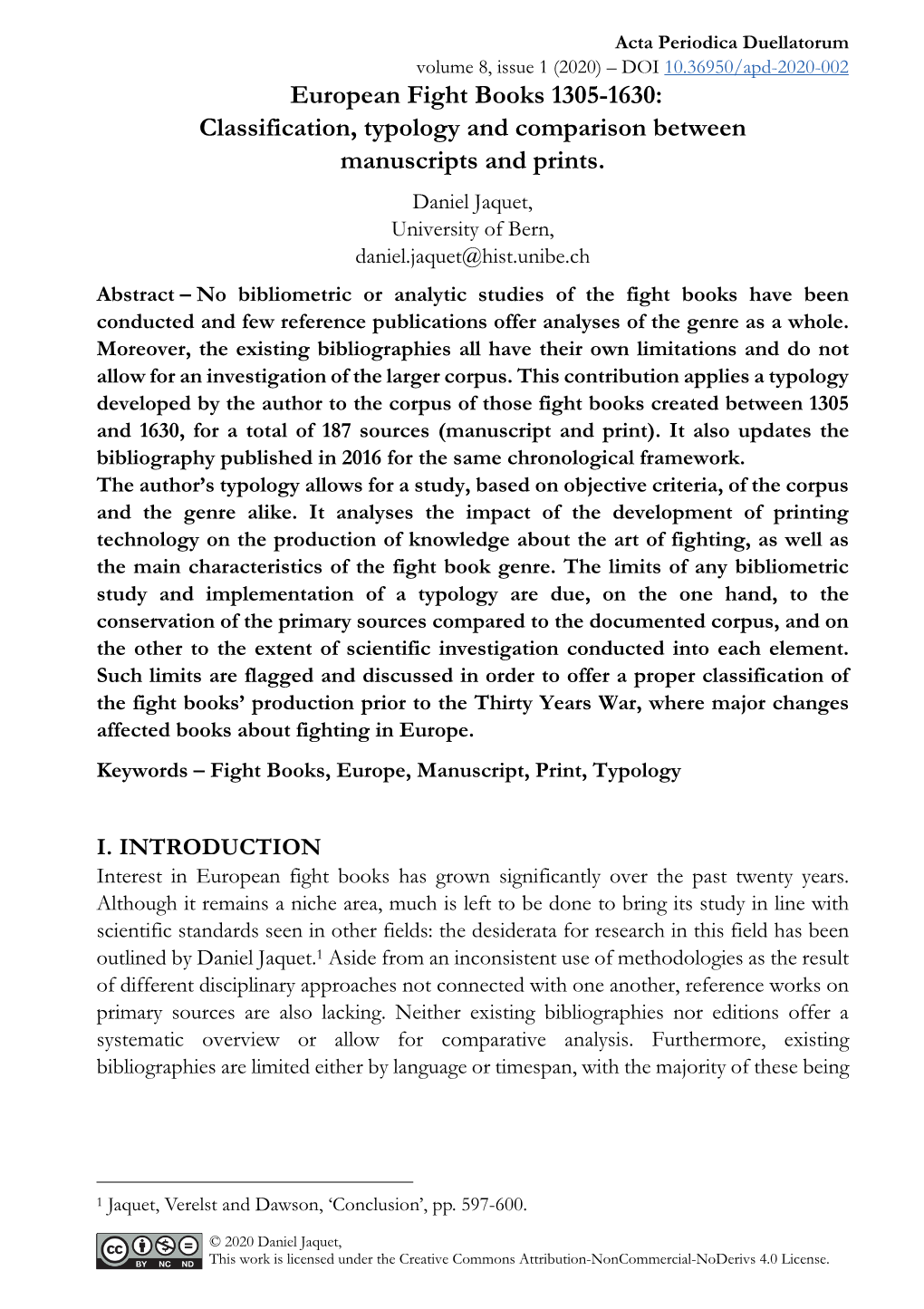 European Fight Books 1305-1630: Classification, Typology and Comparison Between Manuscripts and Prints