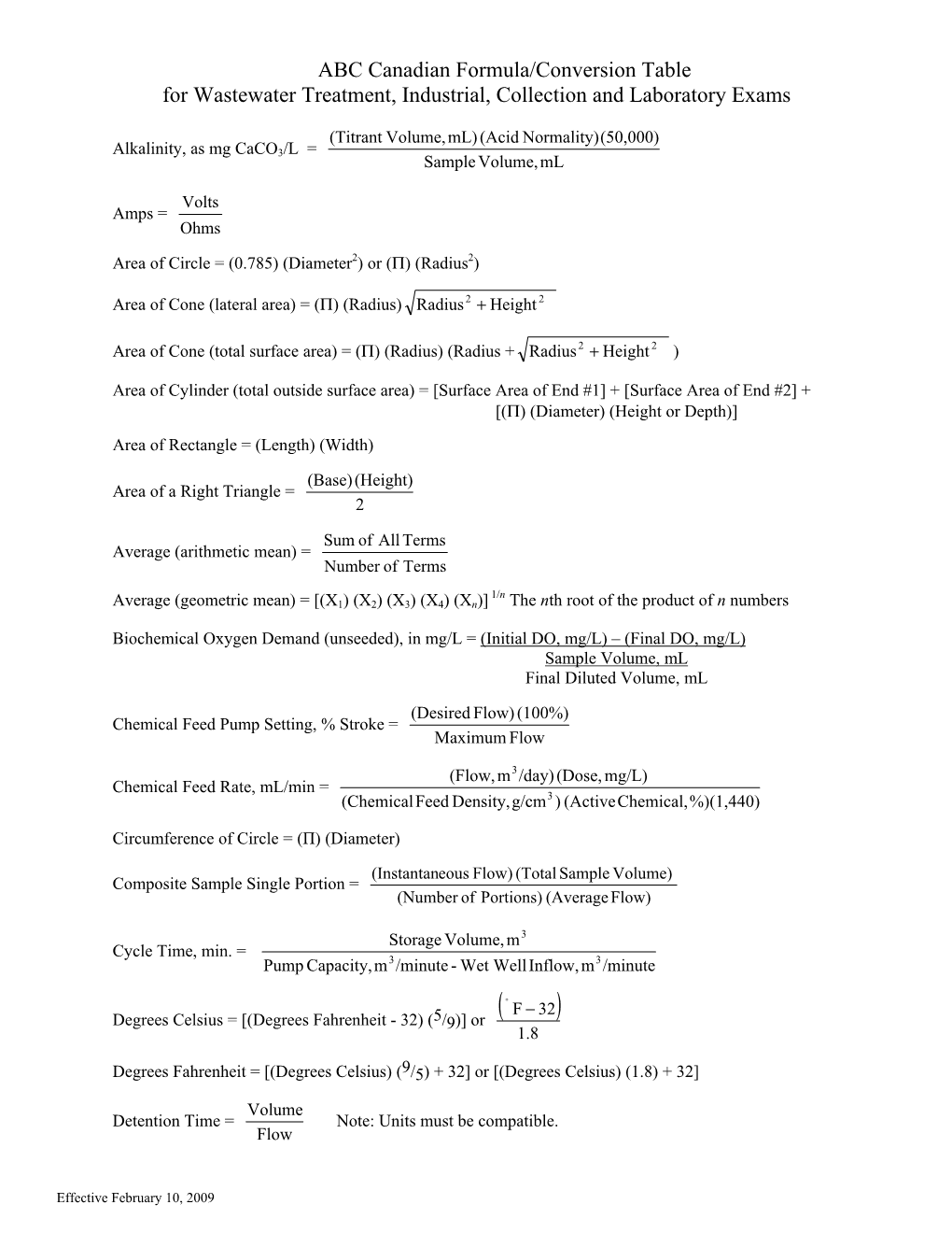 ABC Canadian Formula/Conversion Table for Wastewater Treatment, Industrial, Collection and Laboratory Exams