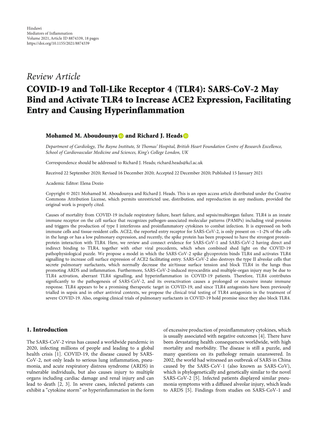 Review Article COVID-19 and Toll-Like Receptor 4 (TLR4)