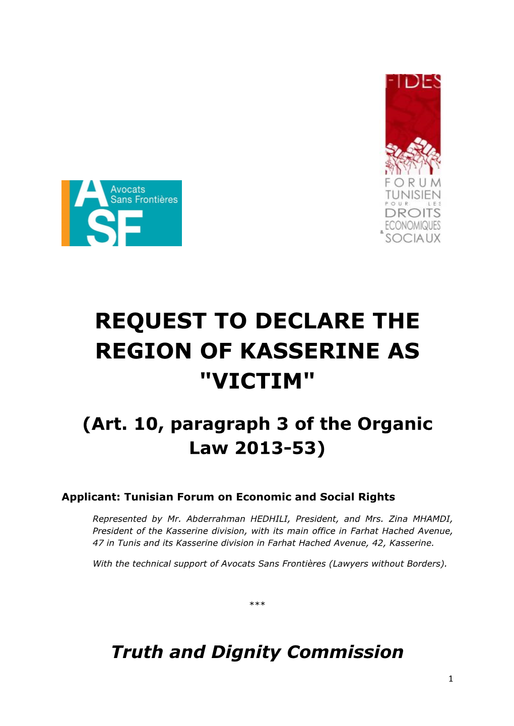 Request to Declare the Region of Kasserine As "Victim"