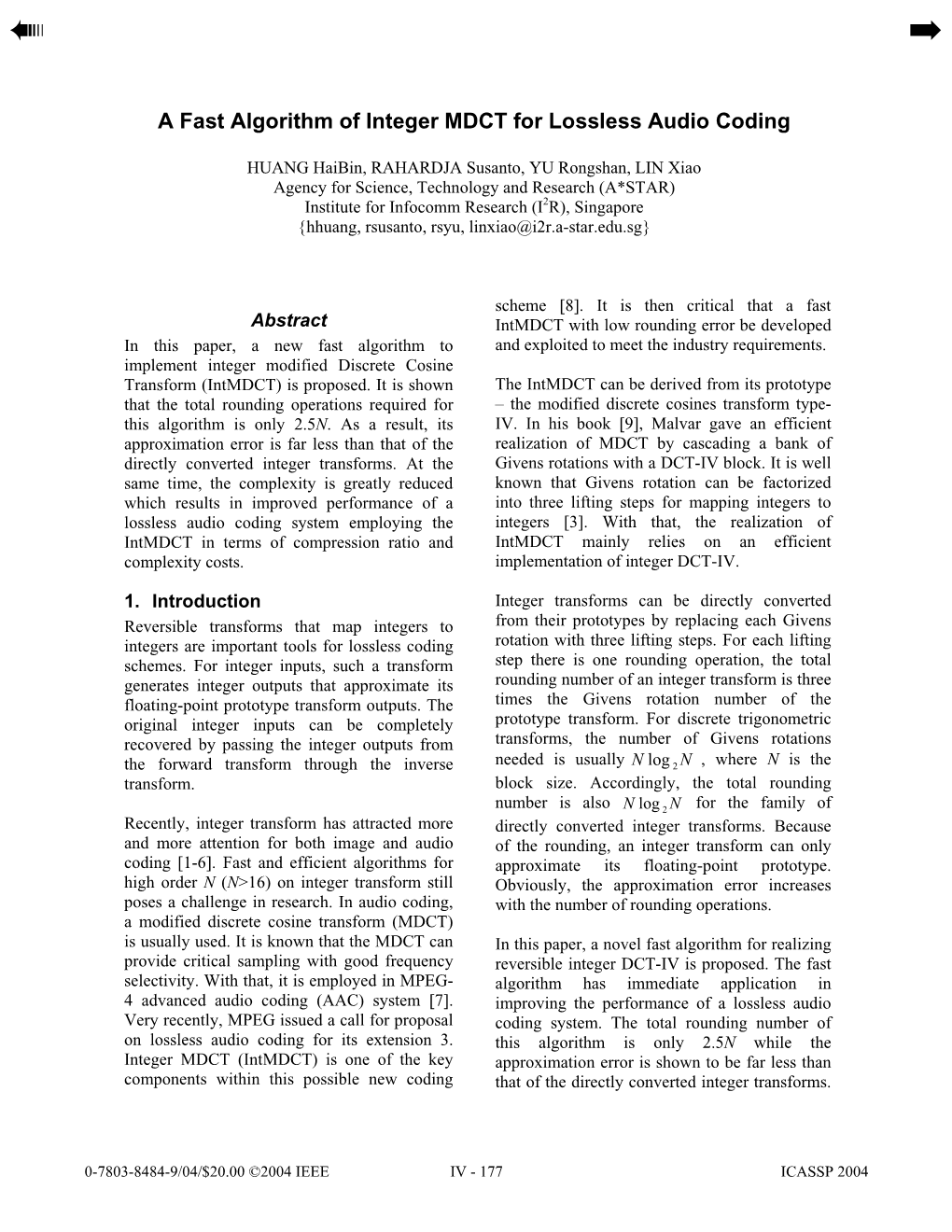 A Fast Algorithm of Integer MDCT for Lossless Audio Coding