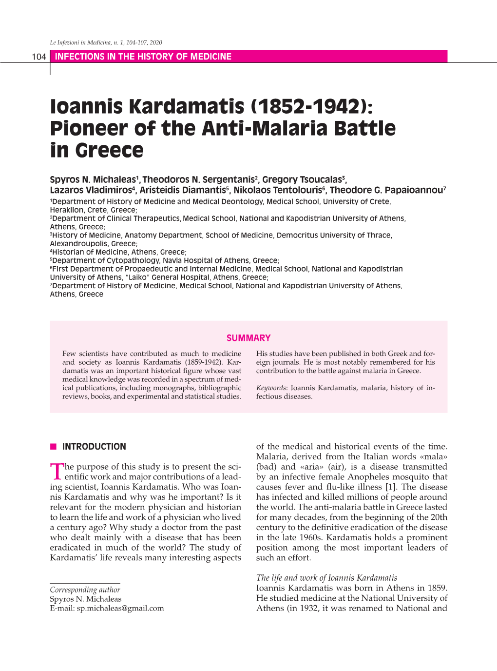 Ioannis Kardamatis (1852-1942): Pioneer of the Anti-Malaria Battle in Greece