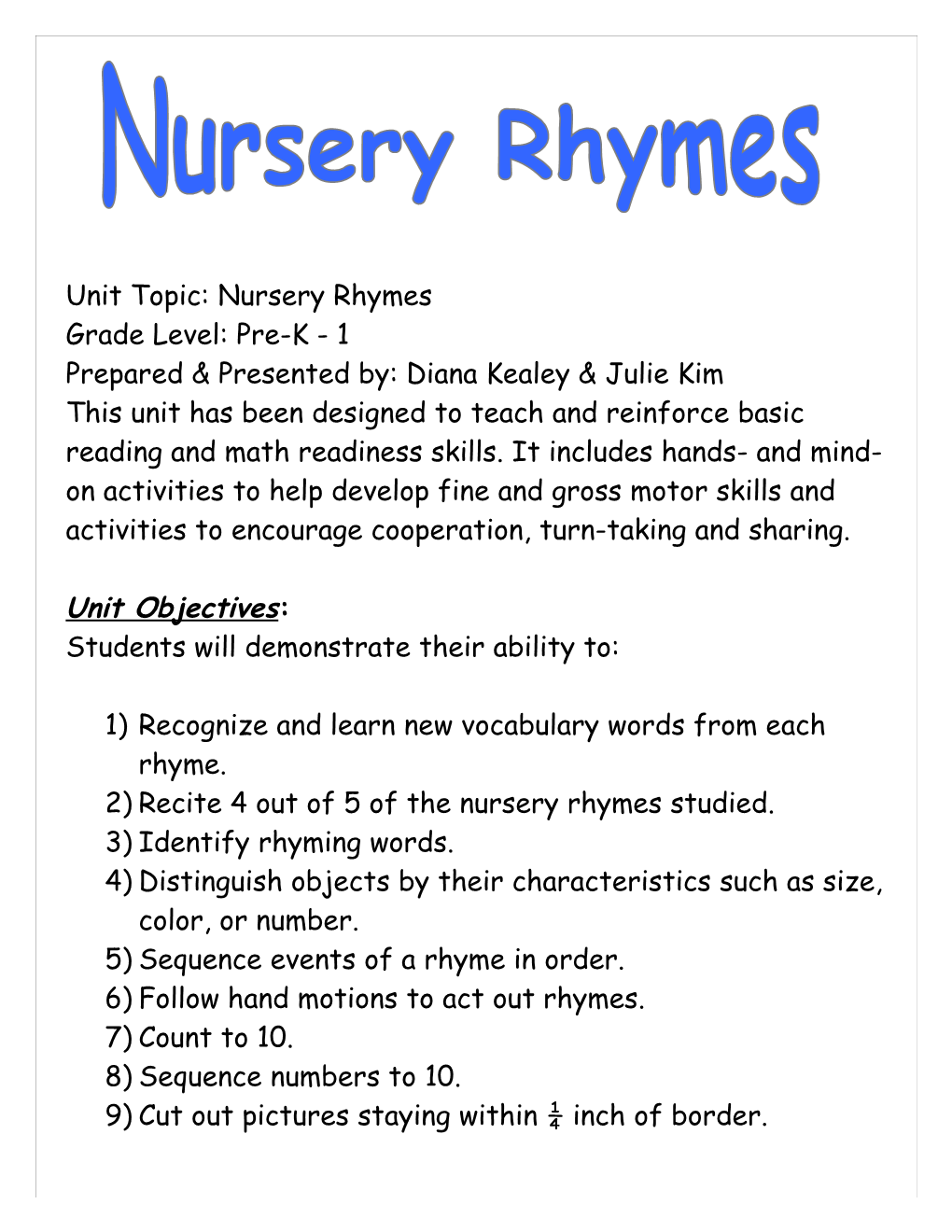 Unit Topic: Nursery Rhyms