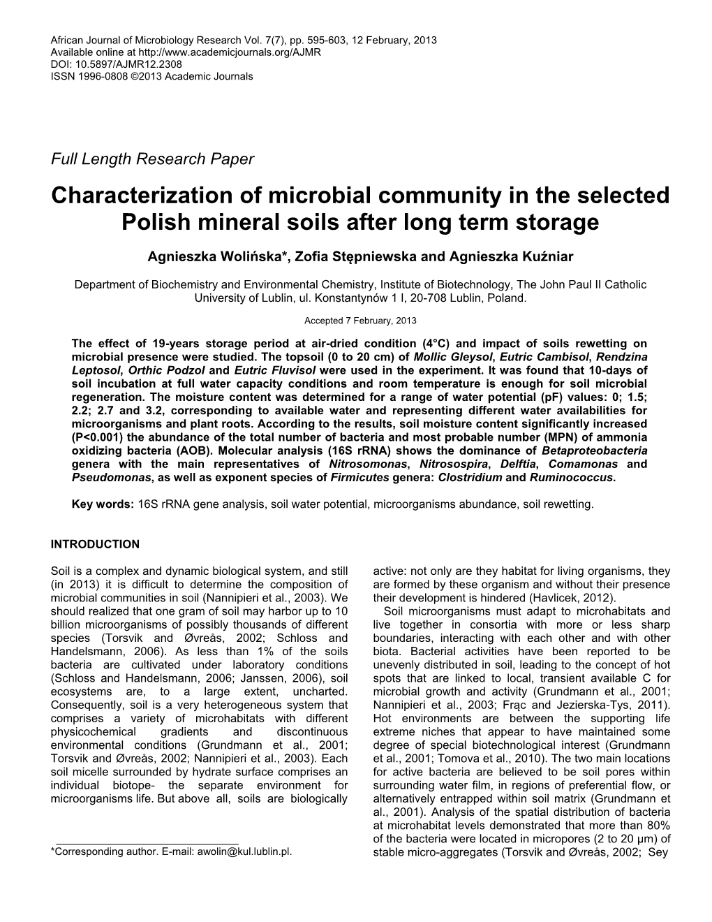 Characterization of Microbial Community in the Selected Polish Mineral Soils After Long Term Storage