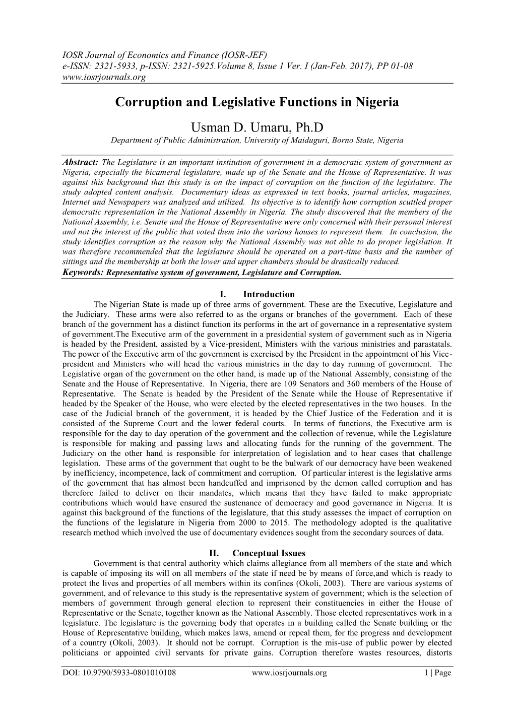 Corruption and Legislative Functions in Nigeria Usman D. Umaru, Ph.D