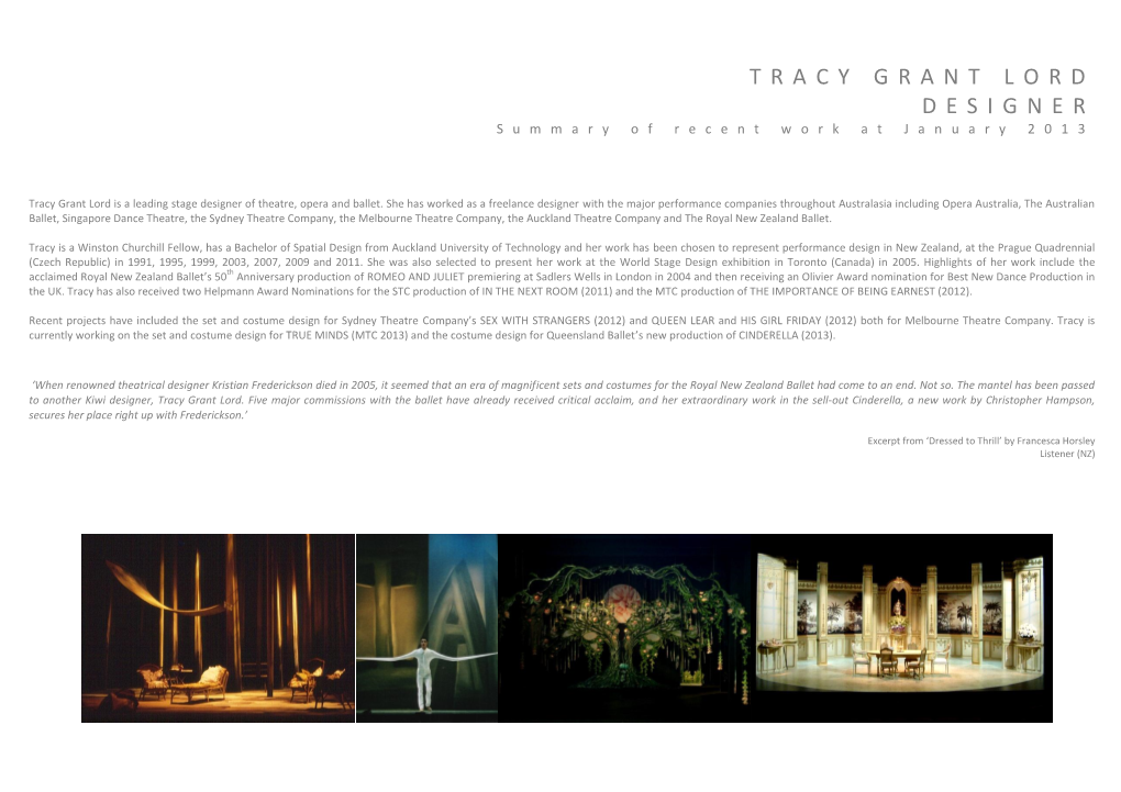 TRACY GRANT LORD DESIGNER Summary of Recent Work at January 2013