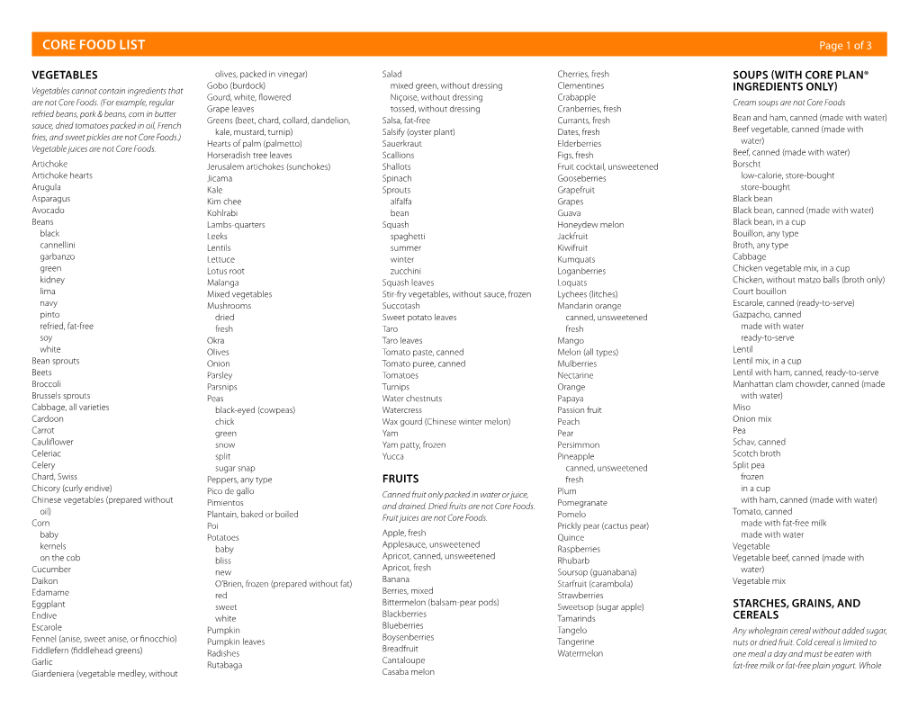 Core Food List Page 1 of 3