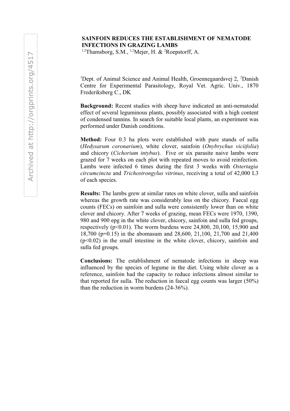 Sainfoin Reduces the Establishment of Nematode Infections in Grazing Lambs