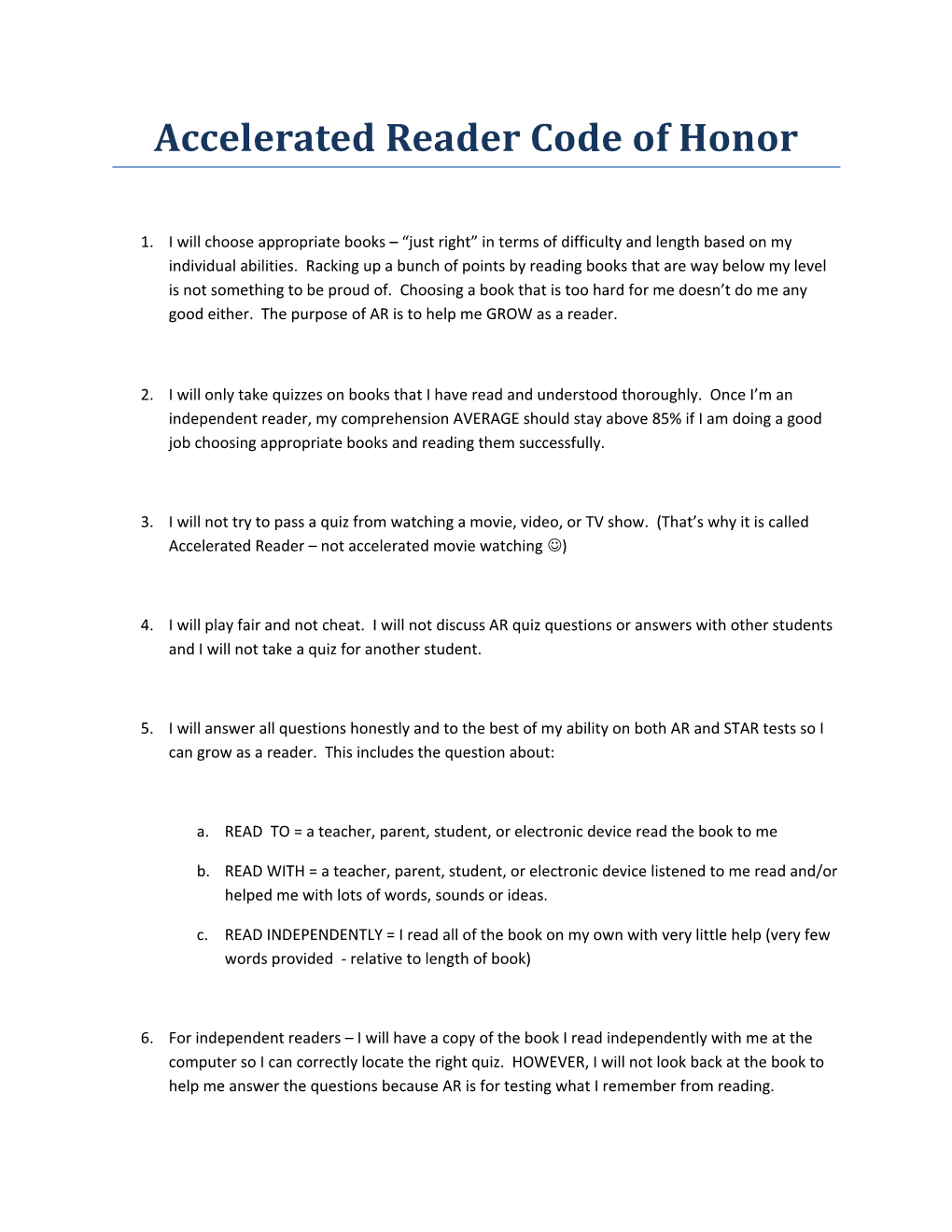 Accelerated Reader Code of Honor