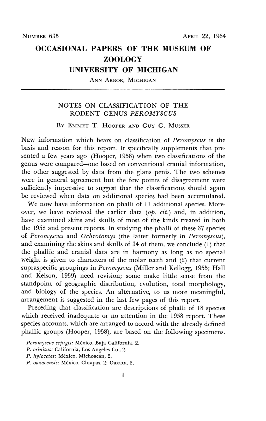 Occasional Papers of the Museum of Zoology University of Michigan Annarbor, Michigan