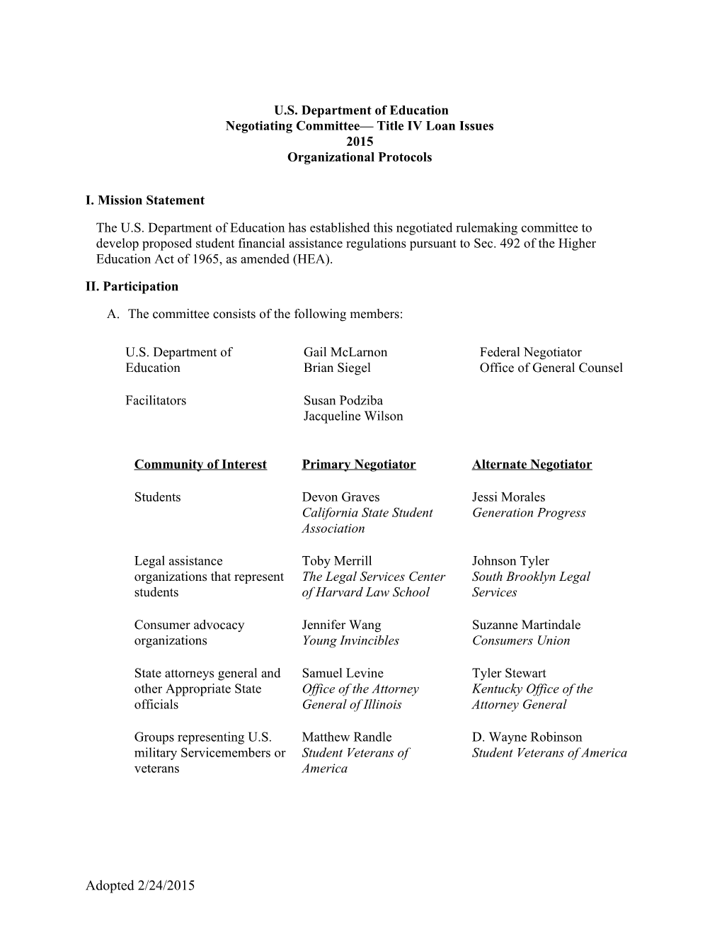 Negotiated Rulemaking for Higher Education 2015 - Team II, Student Loan Issues - Organizational