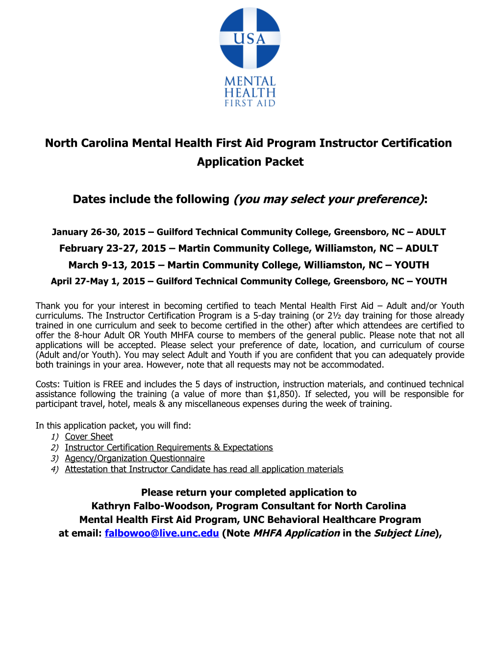 North Carolina Mental Health First Aid Program Instructor Certification