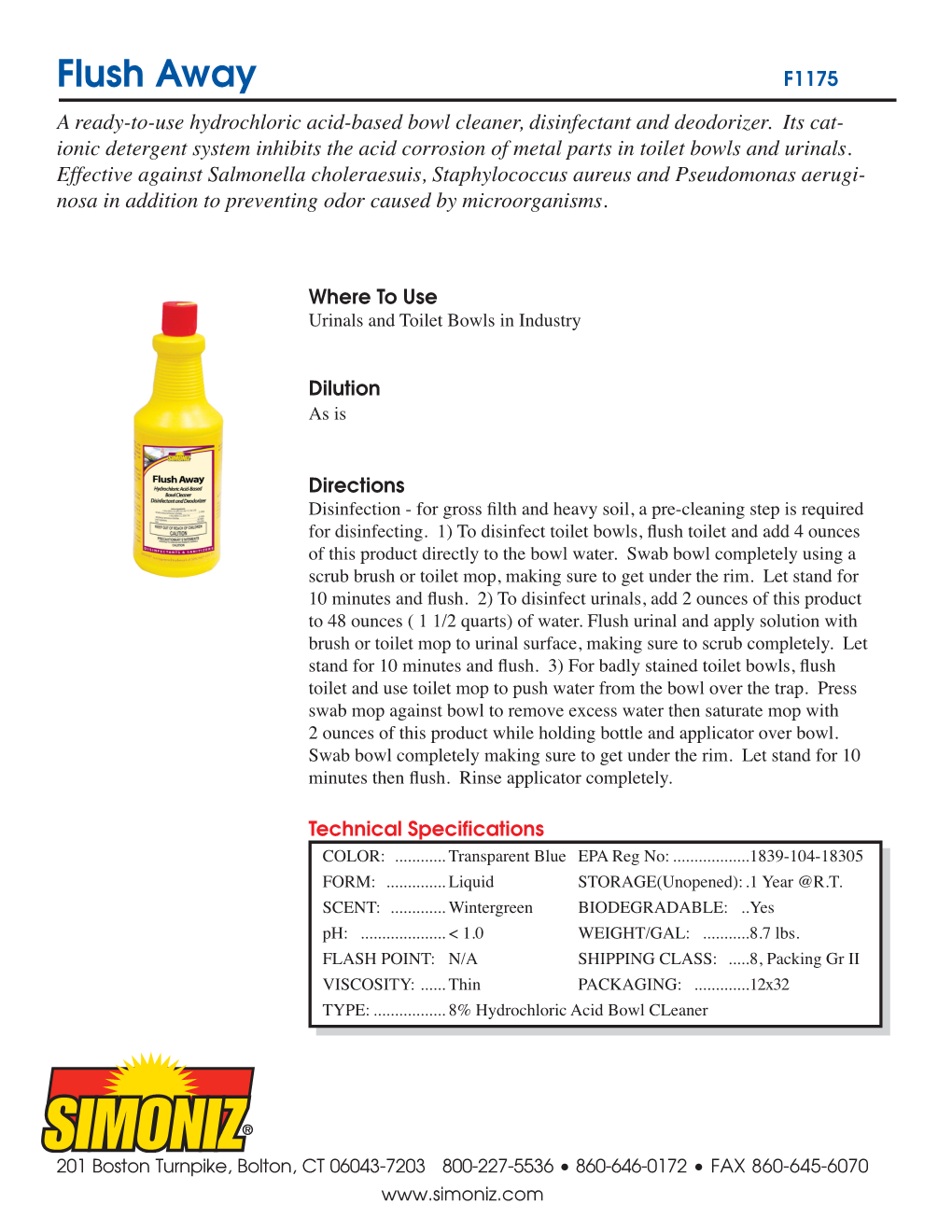 Flush Away F1175 a Ready-To-Use Hydrochloric Acid-Based Bowl Cleaner, Disinfectant and Deodorizer