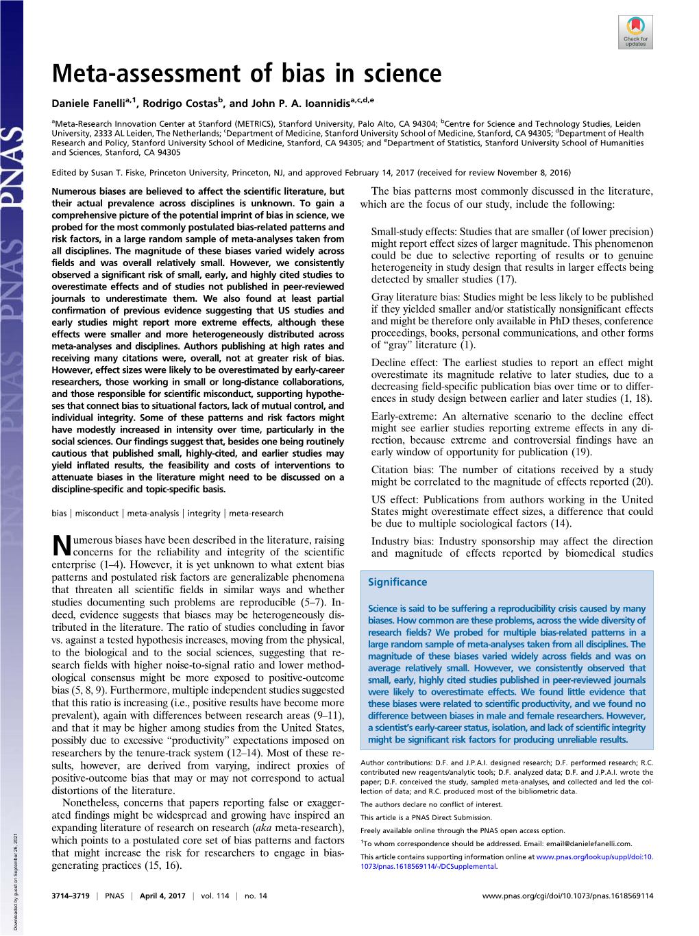 Meta-Assessment of Bias in Science